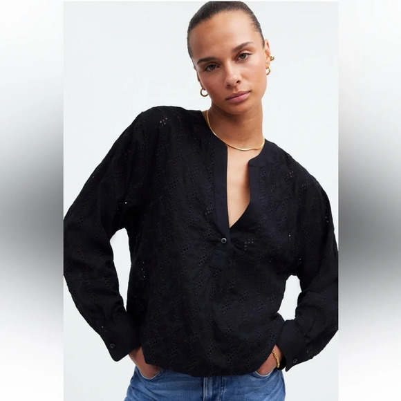 Madewell Tops - Madewell Long Sleeve Popover Top Black Eyelet Women's Size Medium New With Tags